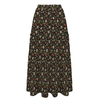 Ditsy Folk Floral Maxi Skirt, Dark Cottagecore Tiered Skirt