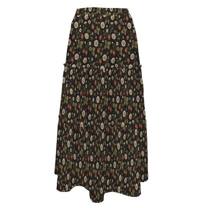 Ditsy Folk Floral Maxi Skirt, Dark Cottagecore Tiered Skirt