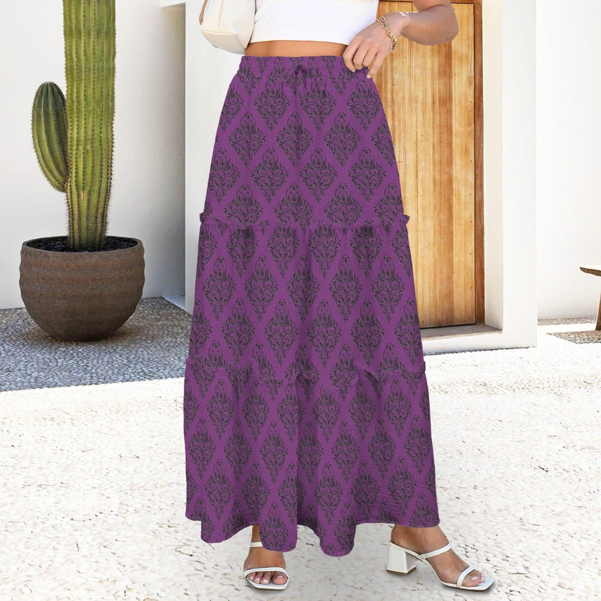 Gothic Damask Maxi Skirt, Purple Black Baroque Floral Pattern