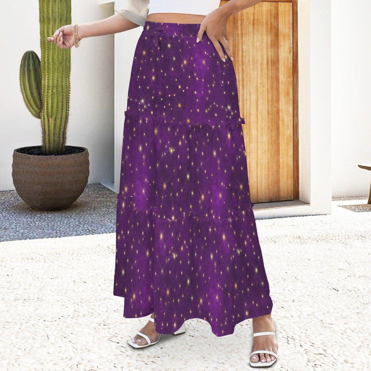 Purple Galaxy Maxi Skirt, Celestial Starfield Tiered Design
