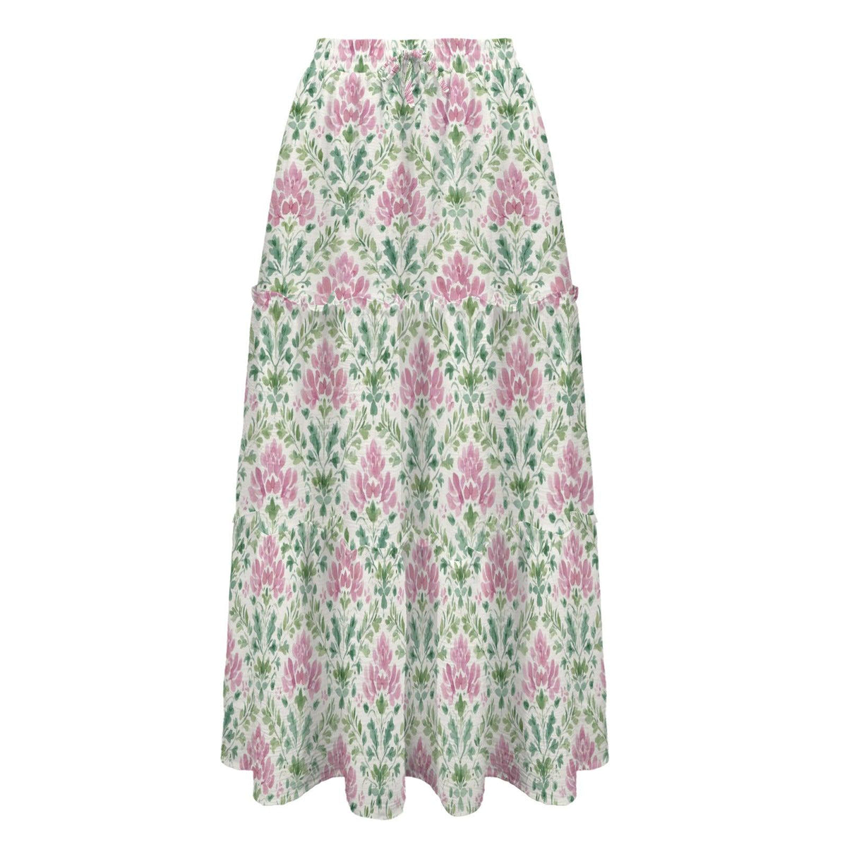 Floral Maxi Skirt, Ivory Pink Botanical Block Print Style