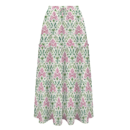 Floral Maxi Skirt, Ivory Pink Botanical Block Print Style