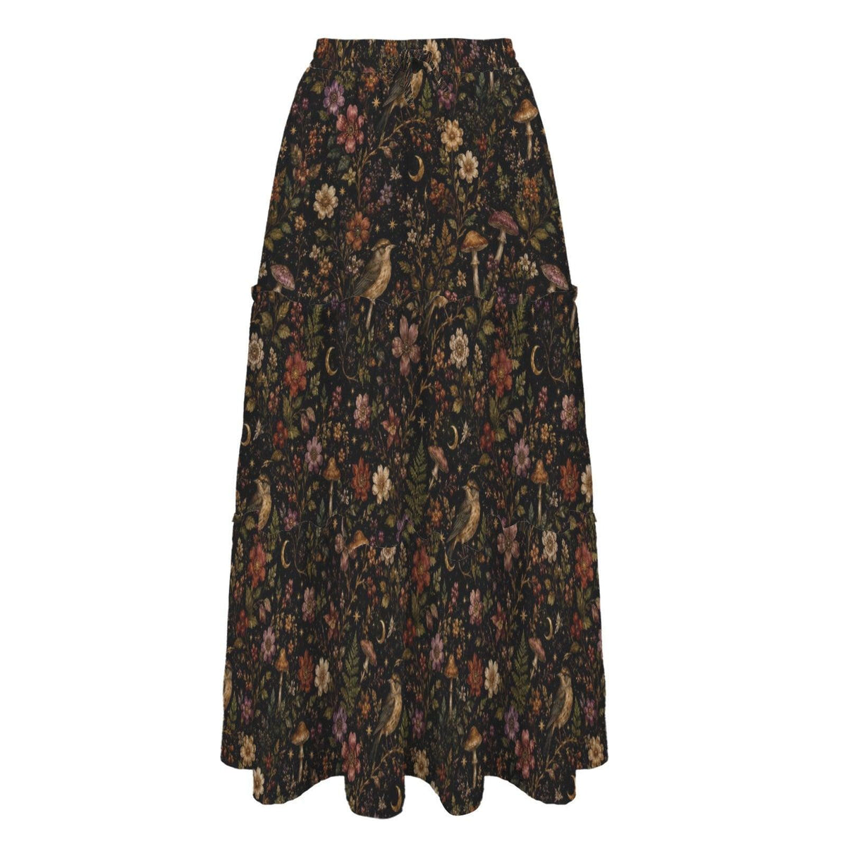Celestial Floral Maxi Skirt, Gold Crescent Moons on Black
