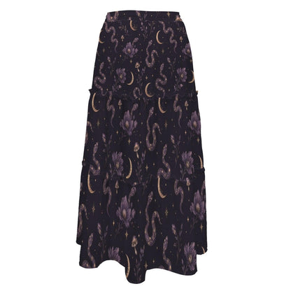 Celestial Serpent Maxi Skirt, Purple Moon and Floral Gothic Design