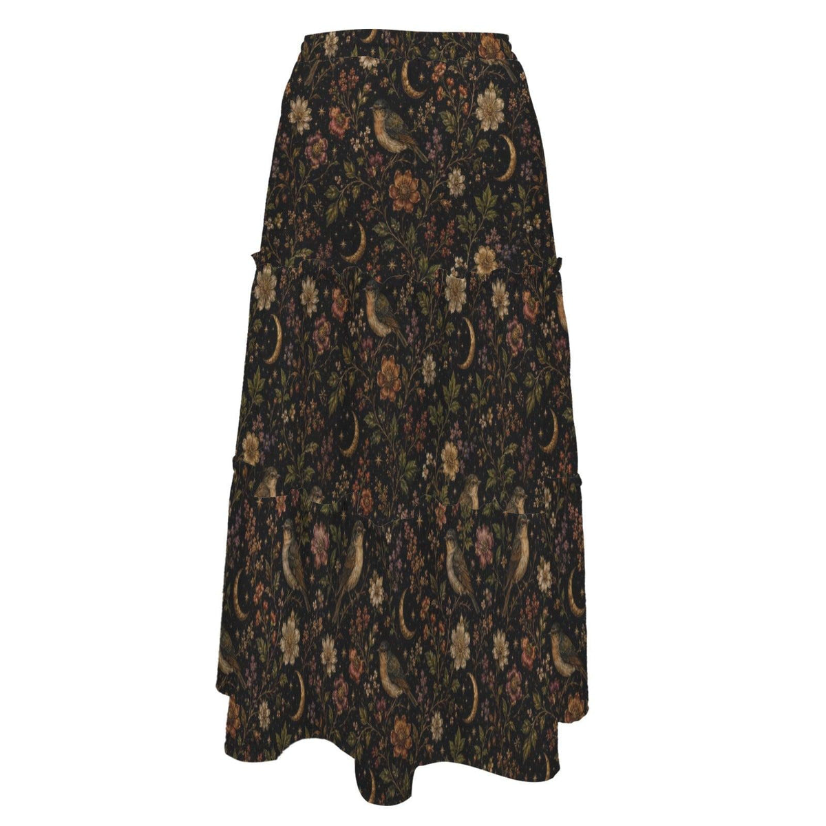 Celestial Floral Maxi Skirt, Crescent Moon Dark Botanical Tiered Design