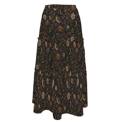 Celestial Floral Maxi Skirt, Crescent Moon Dark Botanical Tiered Design