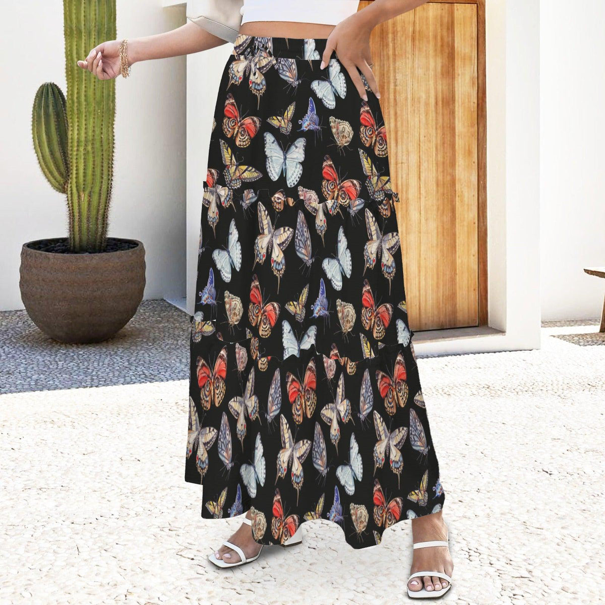 Butterfly and Moth Maxi Skirt, Black Multicolor Winged Insect Print