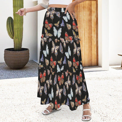 Butterfly and Moth Maxi Skirt, Black Multicolor Winged Insect Print