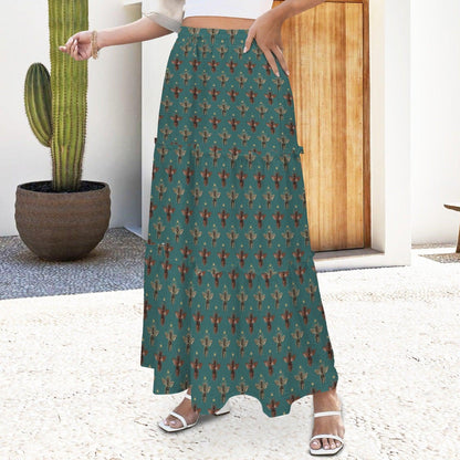 Tiny Floral Sprig Maxi Skirt, Teal Vintage Botanical Tiered Skirt