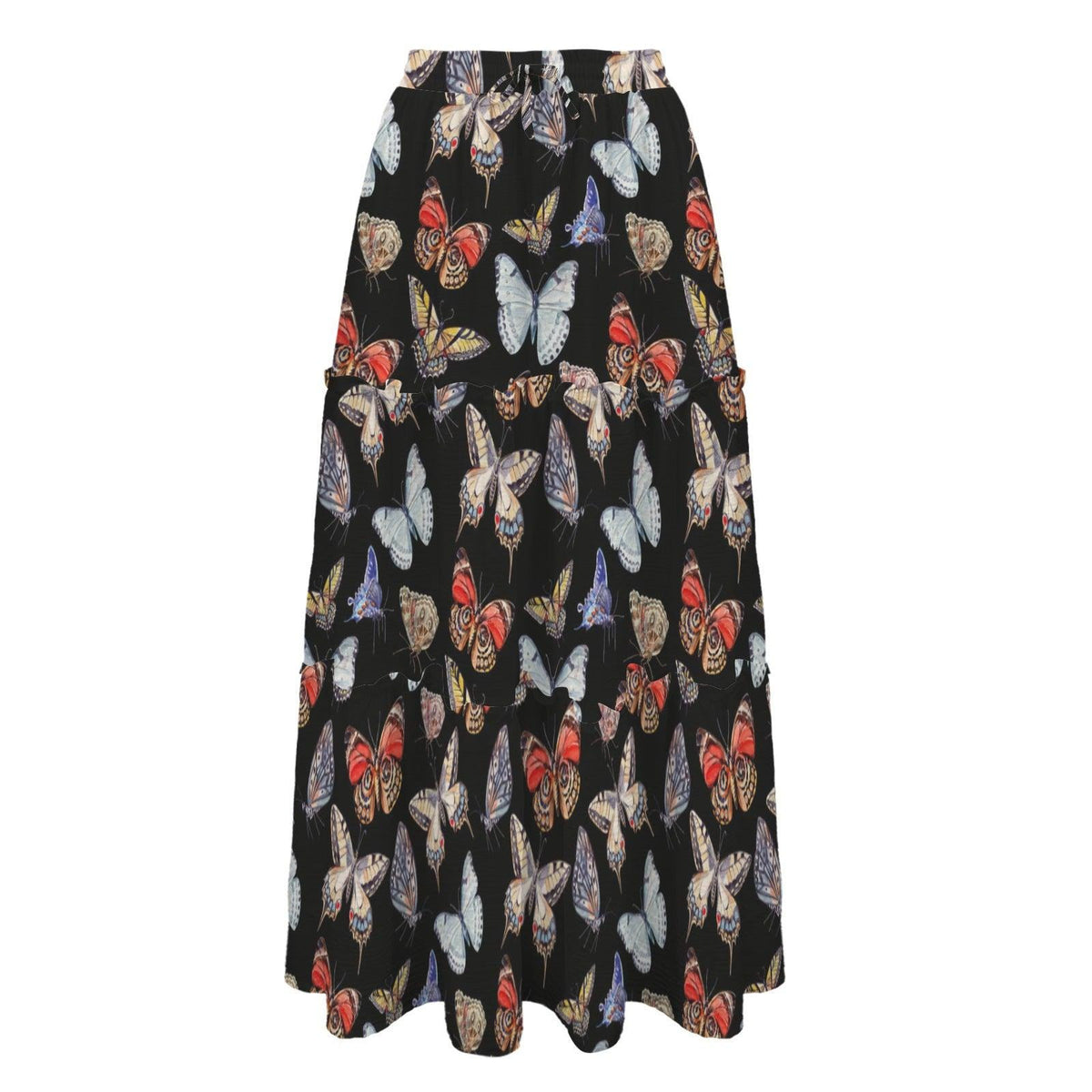 Butterfly and Moth Maxi Skirt, Black Multicolor Winged Insect Print
