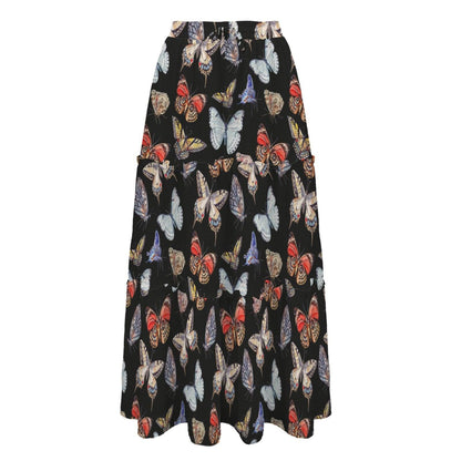 Butterfly and Moth Maxi Skirt, Black Multicolor Winged Insect Print