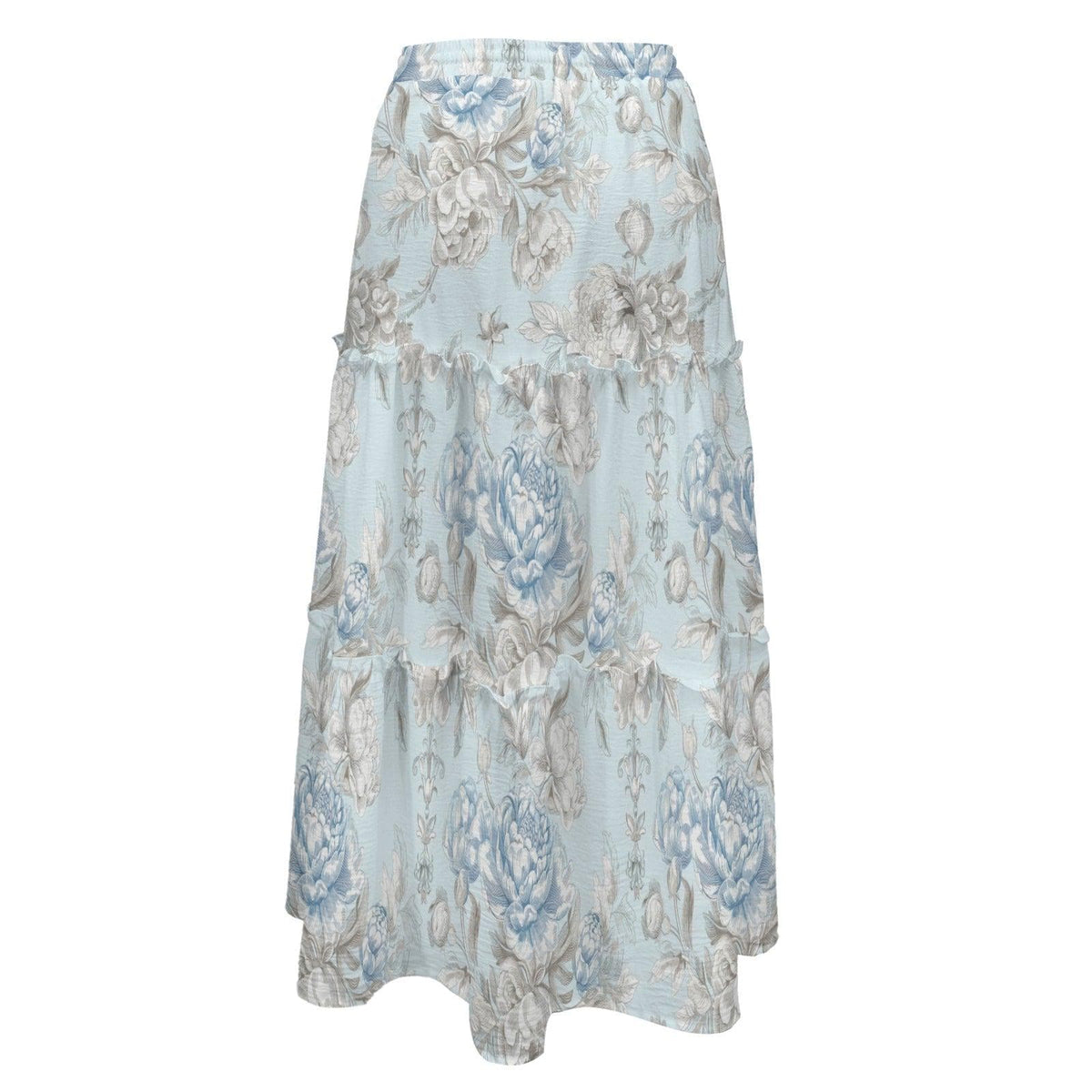 Vintage Blue Rose Tiered Maxi Skirt, Cottagecore Floral Print, Soft Stretch Fabric