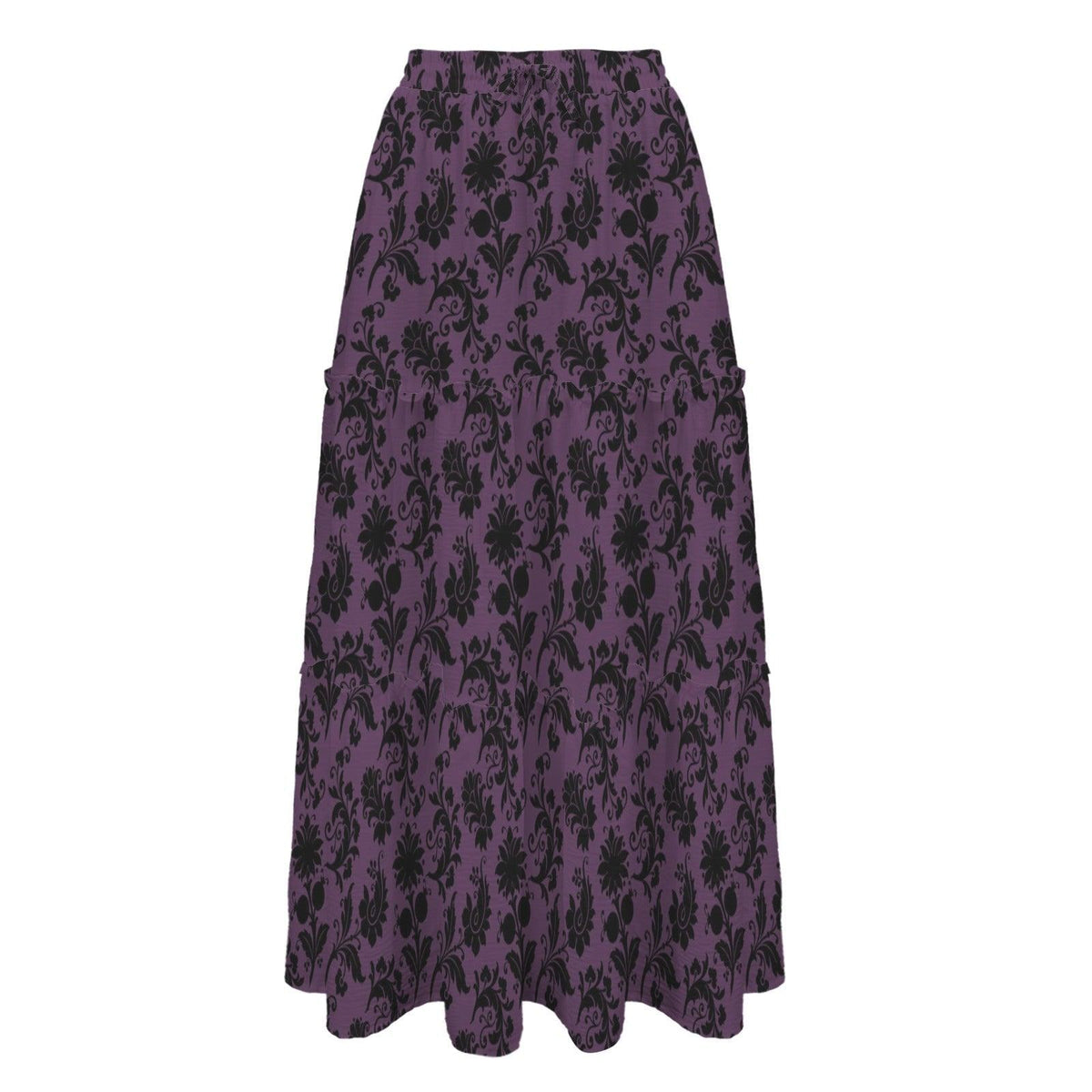 Gothic Floral Maxi Skirt, Purple and Black Botanical Tiered Pattern