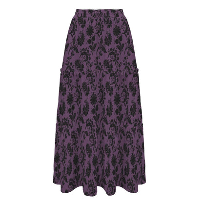 Gothic Floral Maxi Skirt, Purple and Black Botanical Tiered Pattern