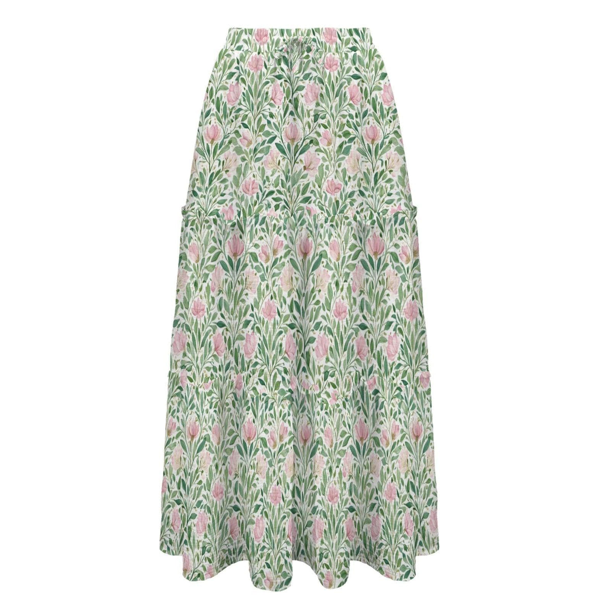 Pink Cottage Garden Maxi Skirt, Sage Green Tiered Floral Skirt