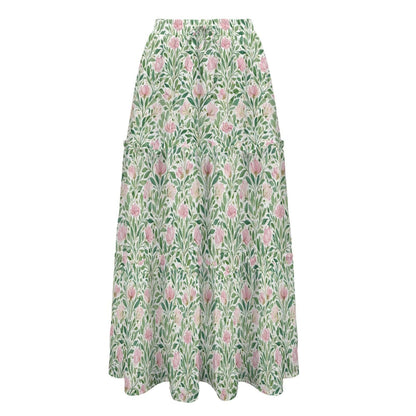 Pink Cottage Garden Maxi Skirt, Sage Green Tiered Floral Skirt