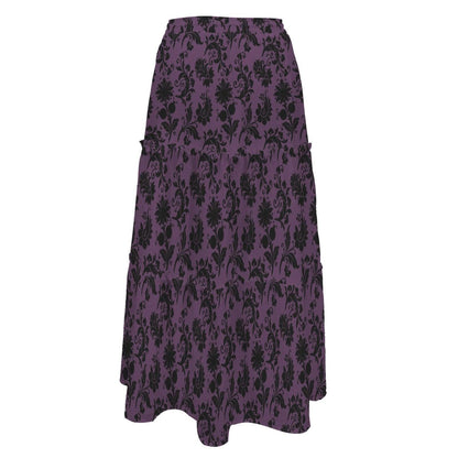 Gothic Floral Maxi Skirt, Purple and Black Botanical Tiered Pattern
