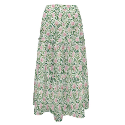 Pink Cottage Garden Maxi Skirt, Sage Green Tiered Floral Skirt