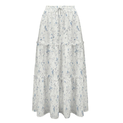 Delicate Blue Floral Maxi Skirt, Ivory Ditsy Wildflower Design