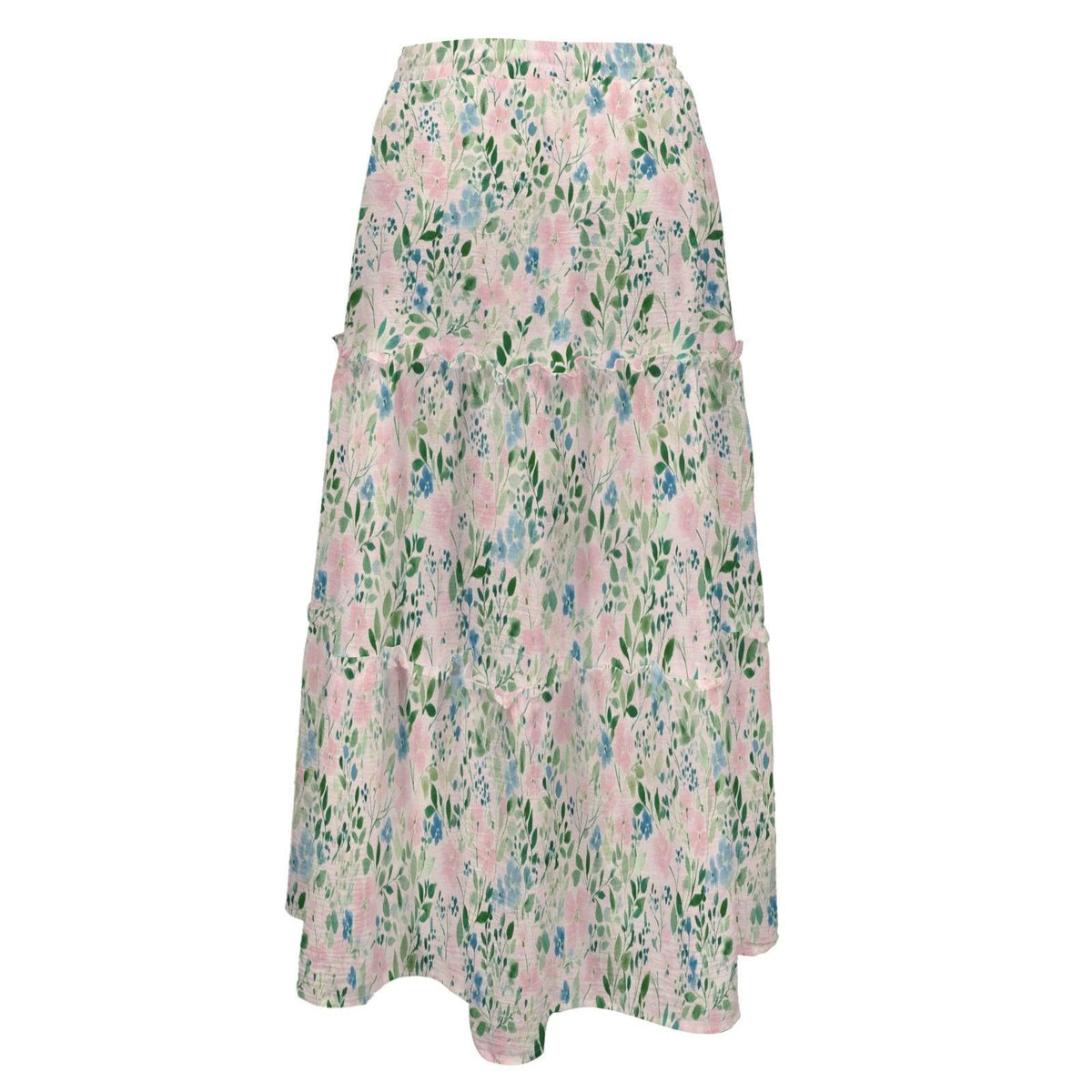 Cottage Garden Floral Maxi Skirt, Pale Green Pink Botanical Tiered Skirt