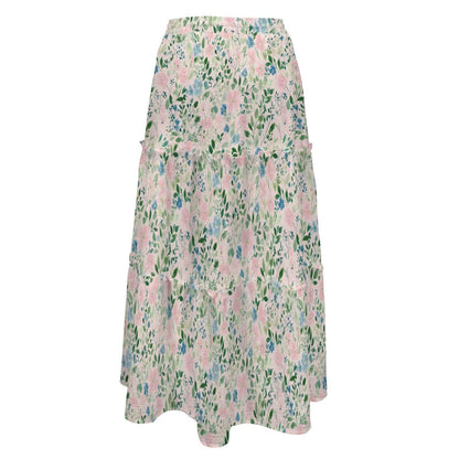 Cottage Garden Floral Maxi Skirt, Pale Green Pink Botanical Tiered Skirt