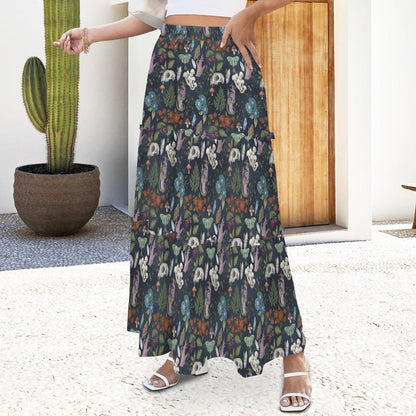 Alice in Wonderland Maxi Skirt: White Rabbit, Mushrooms, Fantasy Print (95% Polyester)
