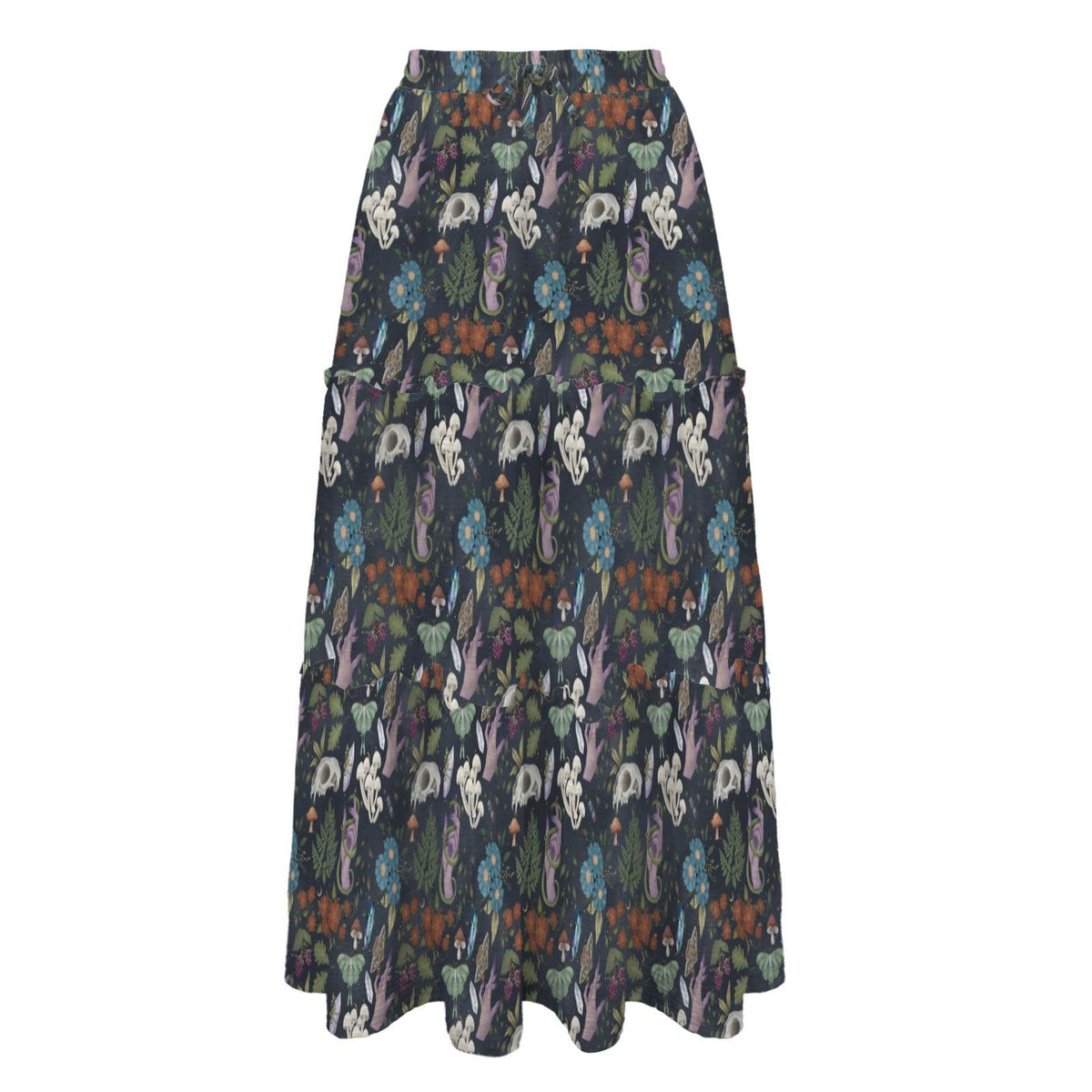 Alice in Wonderland Maxi Skirt: White Rabbit, Mushrooms, Fantasy Print (95% Polyester)