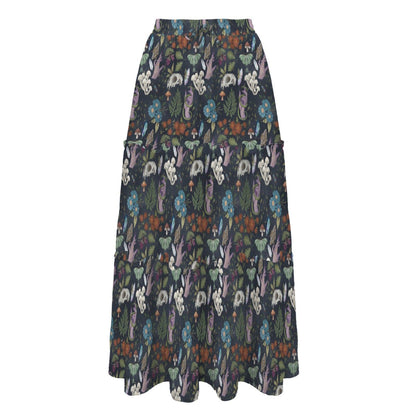 Alice in Wonderland Maxi Skirt: White Rabbit, Mushrooms, Fantasy Print (95% Polyester)
