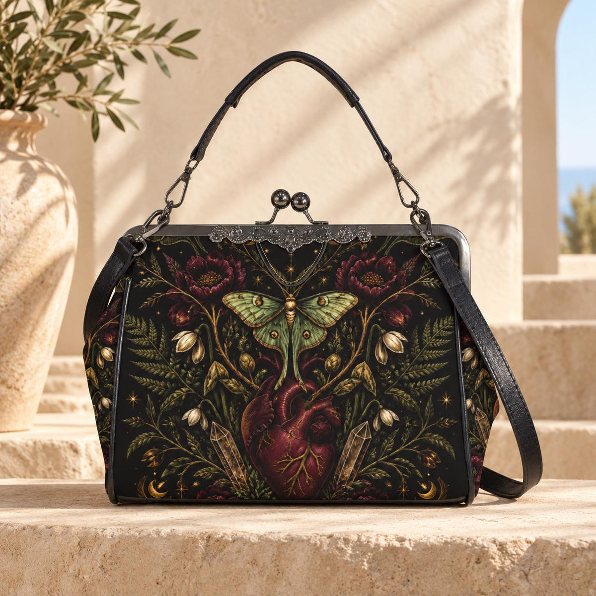 Luna Moth Anatomical Heart Kiss Lock Handbag with Gothic Botanical Print and Crossbody Strap