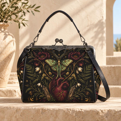 Luna Moth Anatomical Heart Kiss Lock Handbag with Gothic Botanical Print and Crossbody Strap