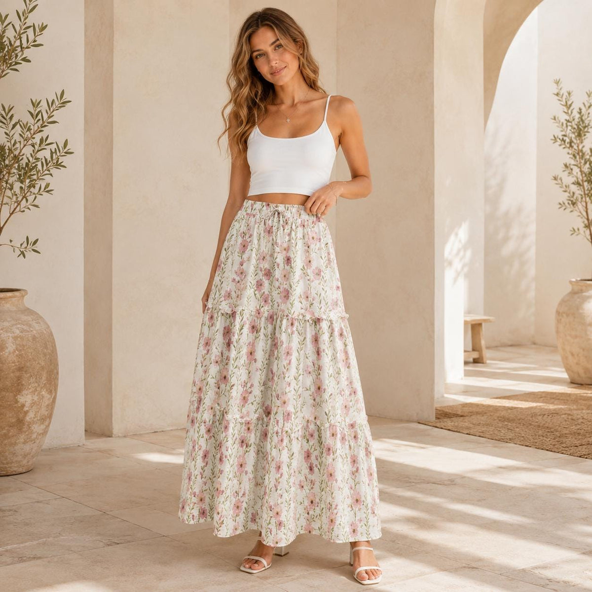 Ditsy Wildflower Maxi Skirt, Ivory Cottage Garden Tiered Skirt