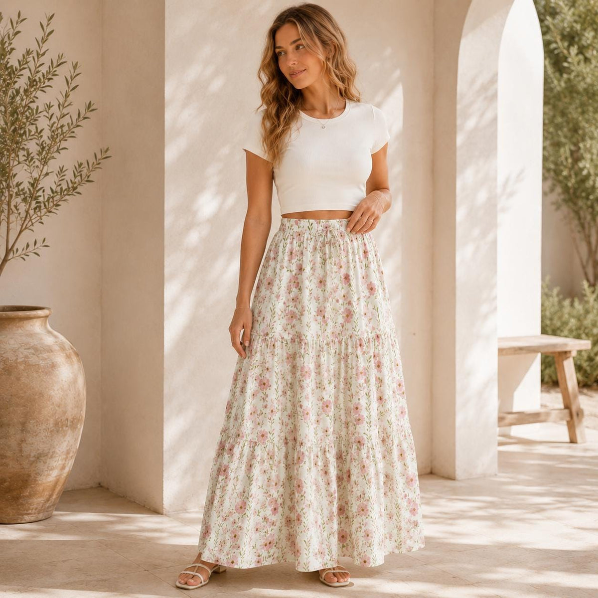 Ditsy Wildflower Maxi Skirt, Ivory Cottage Garden Tiered Skirt