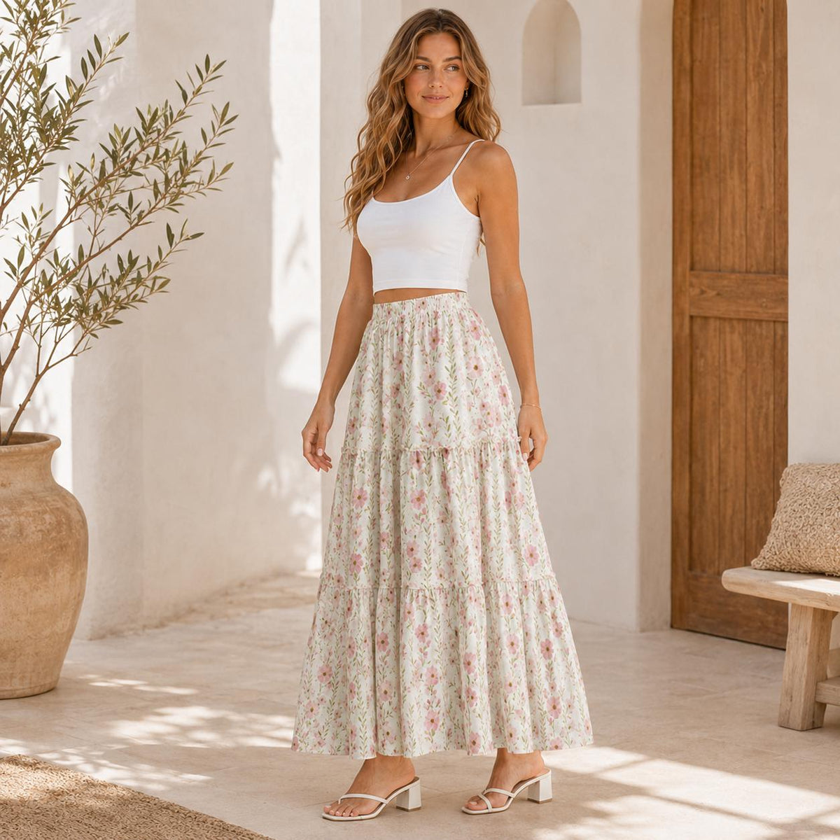 Ditsy Wildflower Maxi Skirt, Ivory Cottage Garden Tiered Skirt