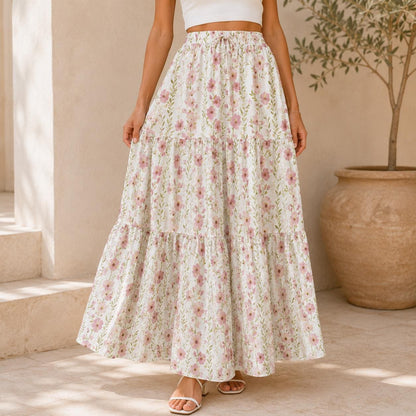 Ditsy Wildflower Maxi Skirt, Ivory Cottage Garden Tiered Skirt