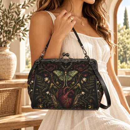 Luna Moth Anatomical Heart Kiss Lock Handbag with Gothic Botanical Print and Crossbody Strap