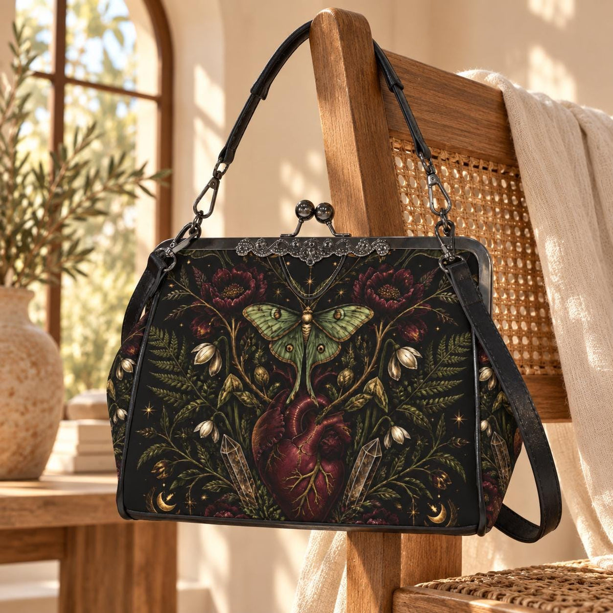 Luna Moth Anatomical Heart Kiss Lock Handbag with Gothic Botanical Print and Crossbody Strap