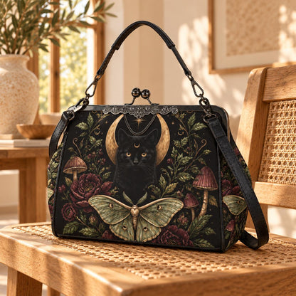Black Cat Crescent Moon Kiss Lock Handbag with Luna Moth and Crossbody Strap