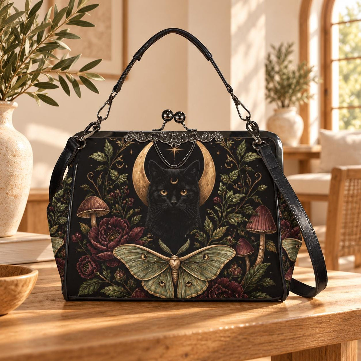 Black Cat Crescent Moon Kiss Lock Handbag with Luna Moth and Crossbody Strap