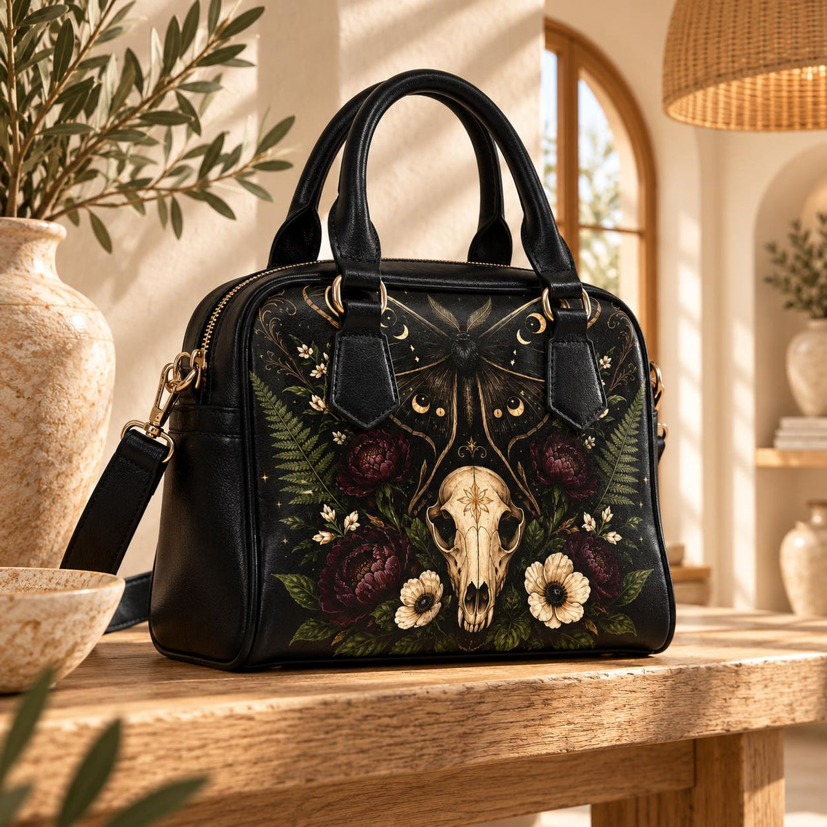 Gothic Skull and Golden Moth Shoulder Bag with Moon Phases and Crossbody Strap