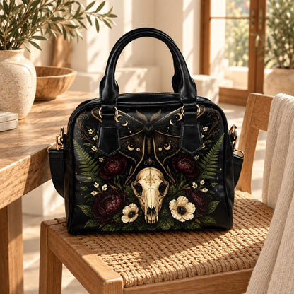 Gothic Skull and Golden Moth Shoulder Bag with Moon Phases and Crossbody Strap