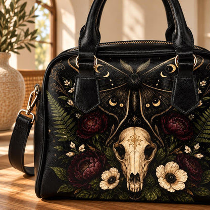 Gothic Skull and Golden Moth Shoulder Bag with Moon Phases and Crossbody Strap