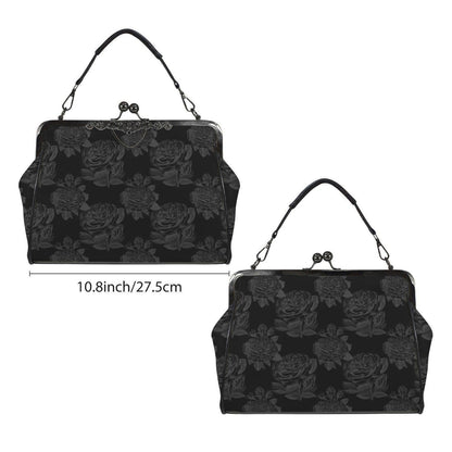 Black Rose Kisslock Bag, Dark Floral Vintage Handbag, Elegant Top Handle Evening Purse