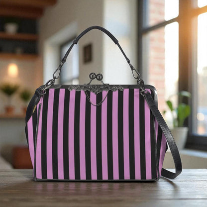 Gothic Striped Kiss Lock Handbag, Orchid Purple Black Vintage Frame Purse