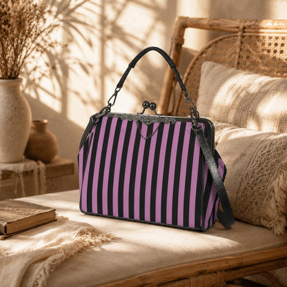 Gothic Striped Kiss Lock Handbag, Orchid Purple Black Vintage Frame Purse