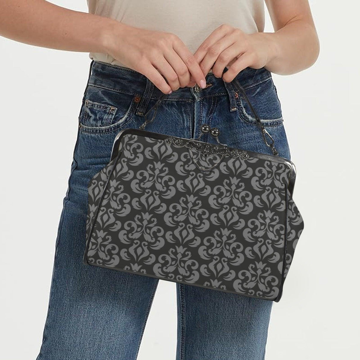 Gray Damask Frame Handbag, Victorian Kisslock Top Handle Purse