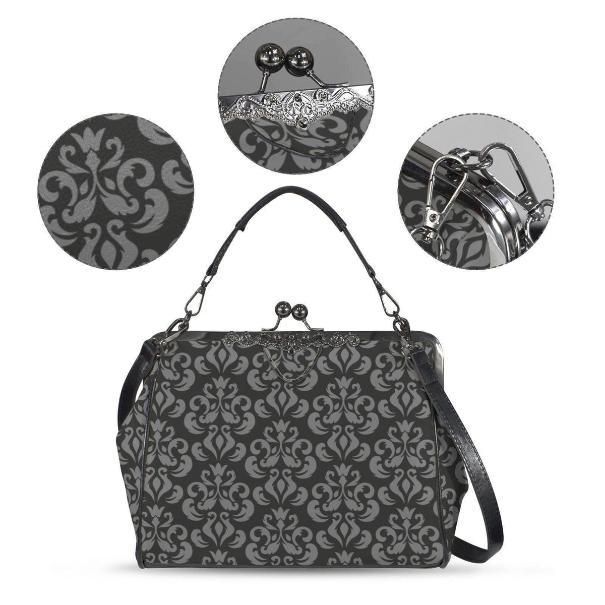 Gray Damask Frame Handbag, Victorian Kisslock Top Handle Purse