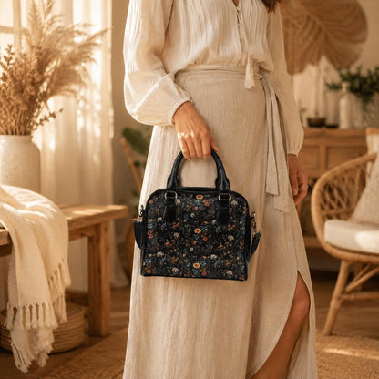 Dark Floral Satchel, Witchy Botanical Handbag, Cottagecore Purse