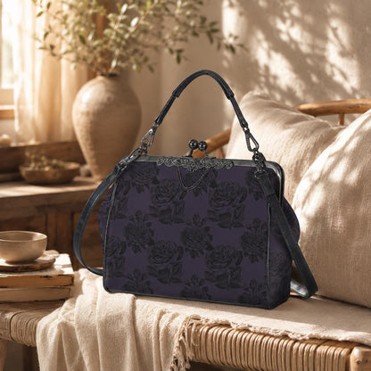 Gothic Rose Handbag, Dark Purple Kiss Lock Purse, Victorian Crossbody Bag