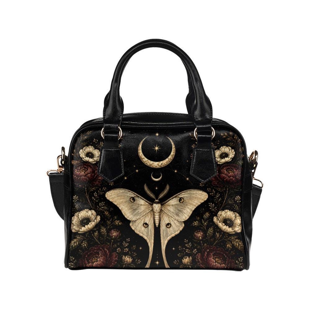 Luna Moth Handbag, Black Celestial Floral Shoulder Bag, Gothic Crossbody Purse