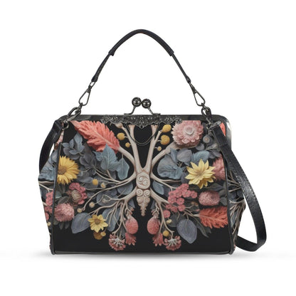 Dark Botanical Butterfly Purse, Kiss Lock Frame Handbag, Cottagecore Floral Crossbody Bag